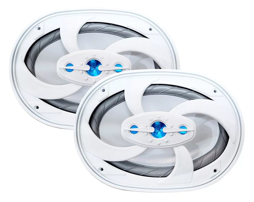 Par de alto-falantes marítimos multivias Orion 6x9 polegadas na cor branca, com tweeters azul celeste