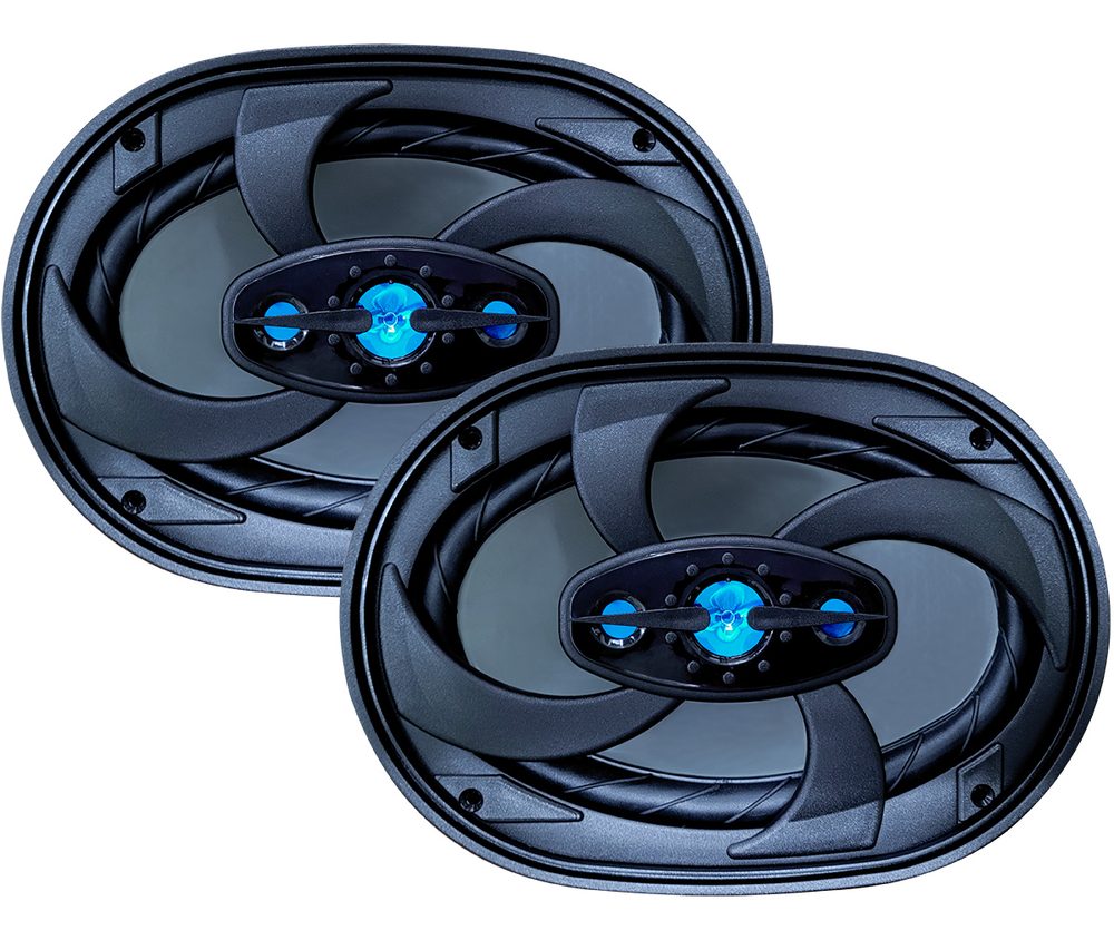 Par de alto-falantes marítimos multivias Orion 6x9 polegadas na cor preta, com tweeters azul celeste