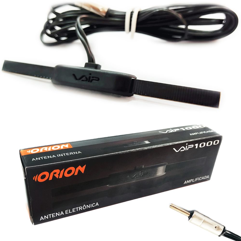 Antena interna Orion VAIP com a embalagem e o plug DIN