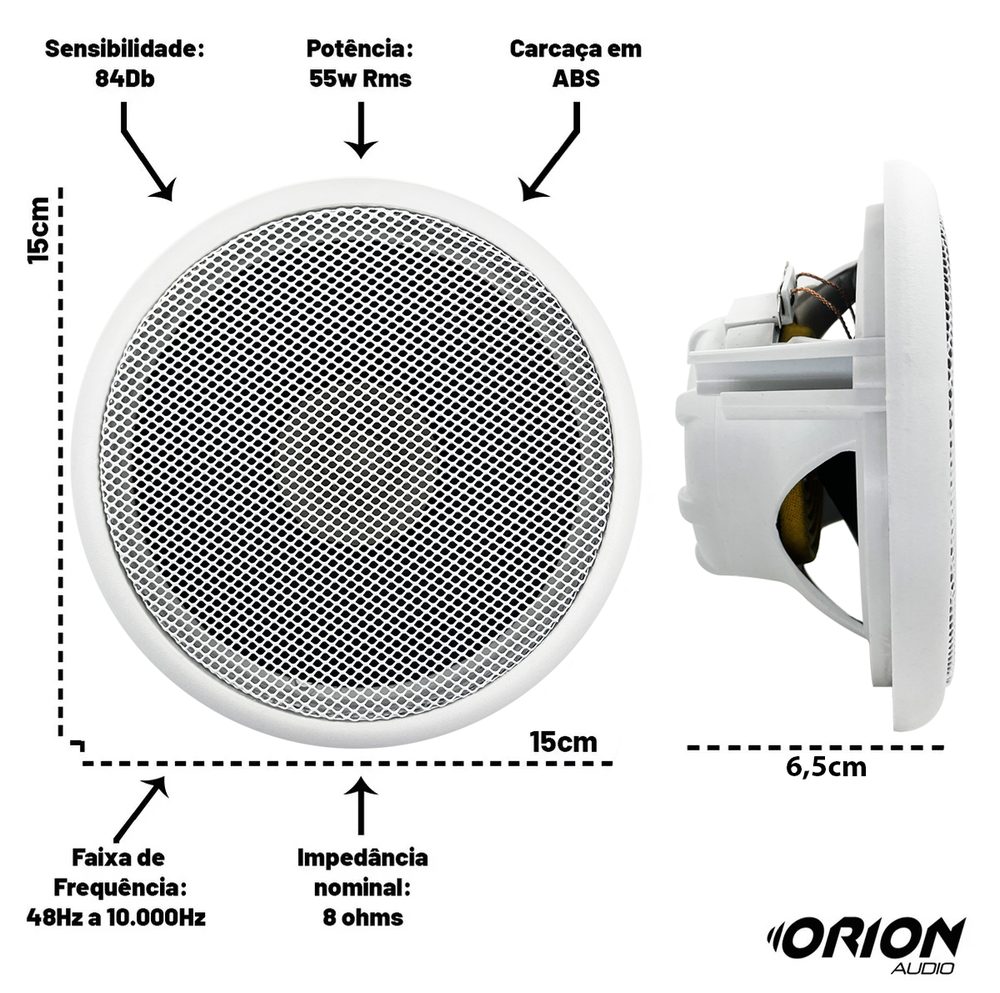 Especificações da arandela redonda de 5 polegadas: 55W RMS, 8 ohms, 84 dB, 15 cm de diâmetro