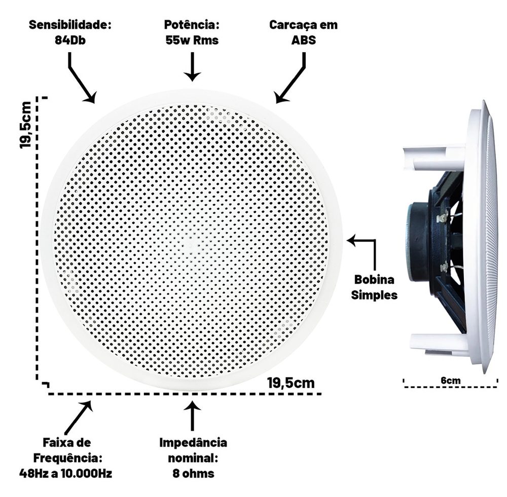 Especificações da arandela redonda de 6 polegadas: 55W RMS, 8 ohms, 84 dB, 19,5 cm de diâmetro
