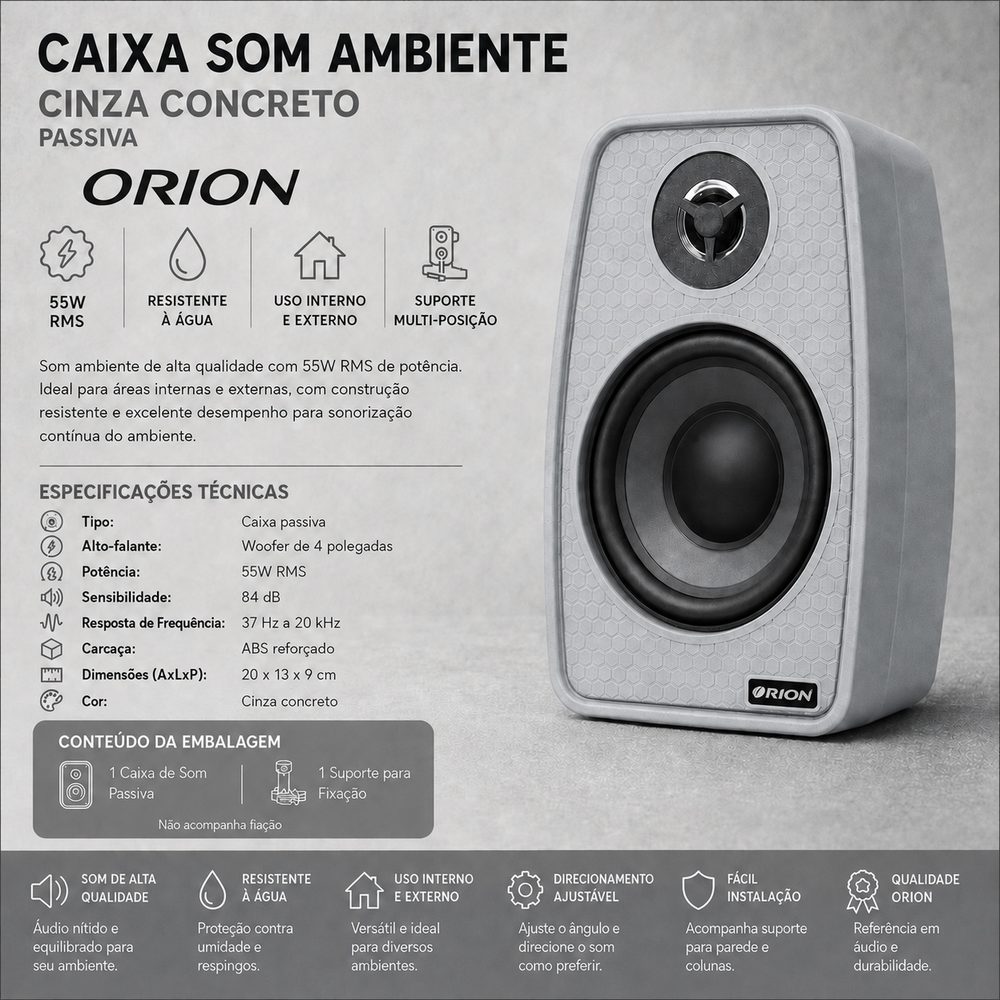 Caixa de som ambiente Orion cinza concreto, passiva, 55W RMS, com as especificações técnicas