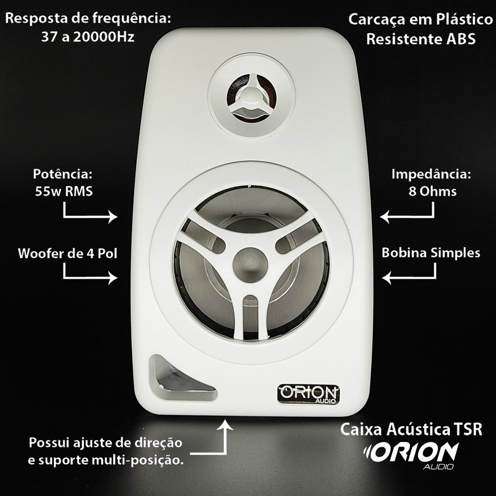 Especificações da caixa acústica Orion: 55W RMS, 8 ohms, woofer de 4 polegadas, 37 a 20000 Hz, bobina simples, carcaça de plástico ABS