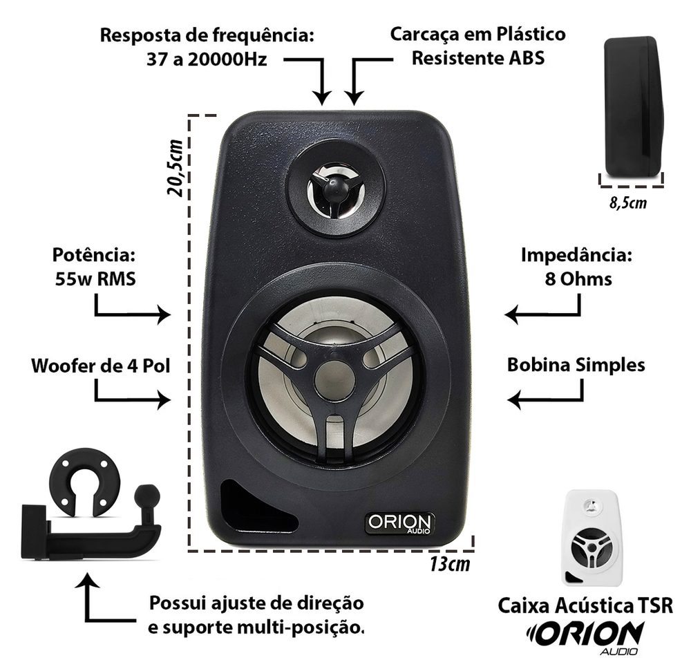 Medidas da caixa acústica Orion preta: 20,5 cm de altura, 13 cm de largura e 8,5 cm de profundidade, com o suporte multi-posição