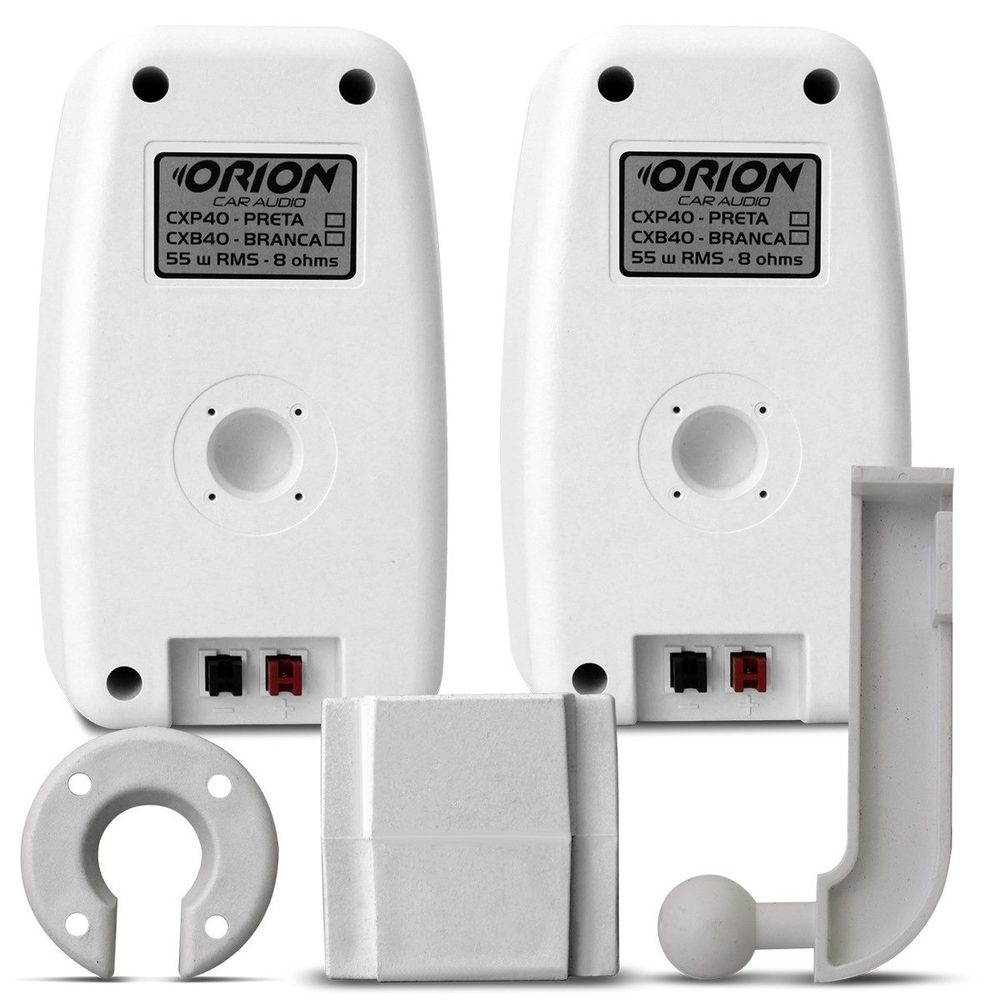 Traseira das caixas de som Orion brancas, com os bornes de ligação e as peças do suporte
