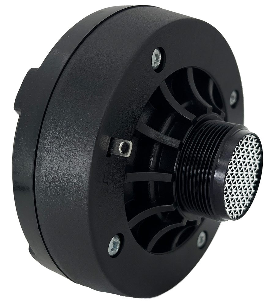 Driver Orion TSR5200 120W RMS visto em ângulo, com a saída de rosca para a corneta