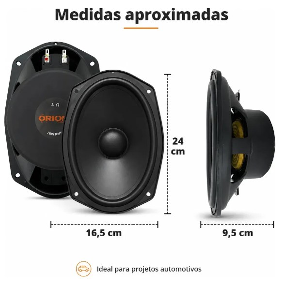 Medidas aproximadas do Mid-Bass 6x9: 24 cm de altura, 16,5 cm de largura e 9,5 cm de profundidade