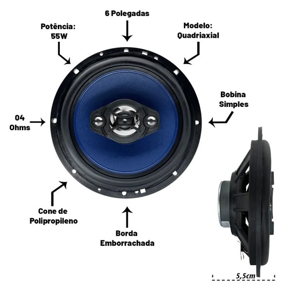 Características do Quadriaxial 6 polegadas: 4 ohms, bobina simples, cone de polipropileno e borda emborrachada