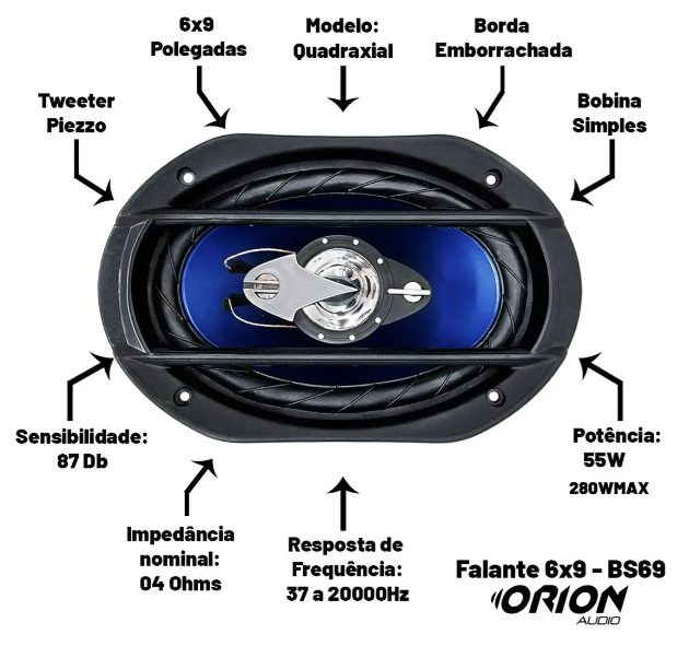 Características do Quadriaxial 6x9: tweeter piezo, borda emborrachada, 4 ohms, sensibilidade 87 dB