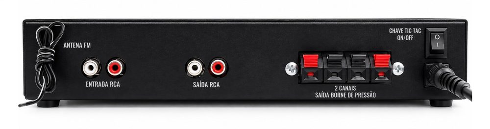 Traseira do RC1002BT: antena FM, entrada e saída RCA e saída de 2 canais em borne de pressão