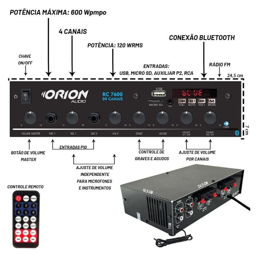 Especificações e conexões do RC7600: volume master, 4 canais, entradas P10, USB, micro SD e rádio FM