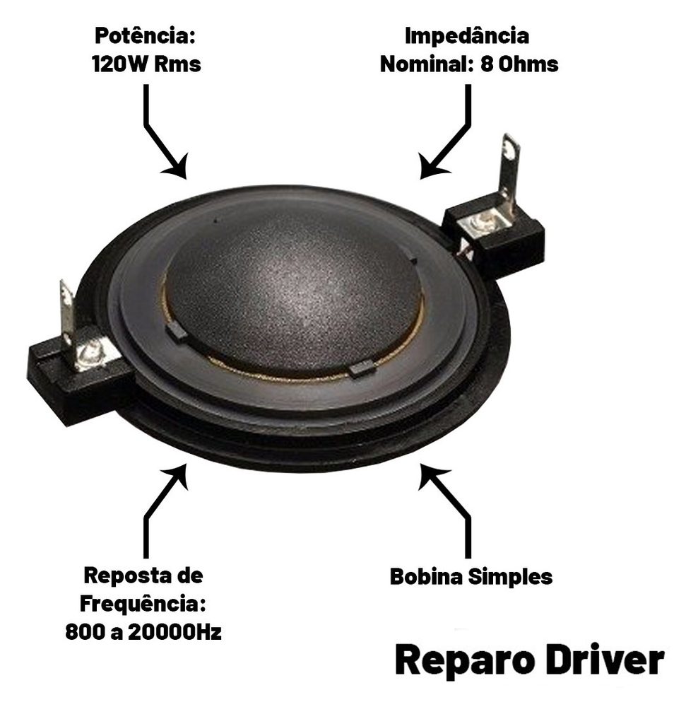 Especificações do reparo de driver Orion: 120W RMS, 8 ohms, 800 a 20000 Hz, bobina simples