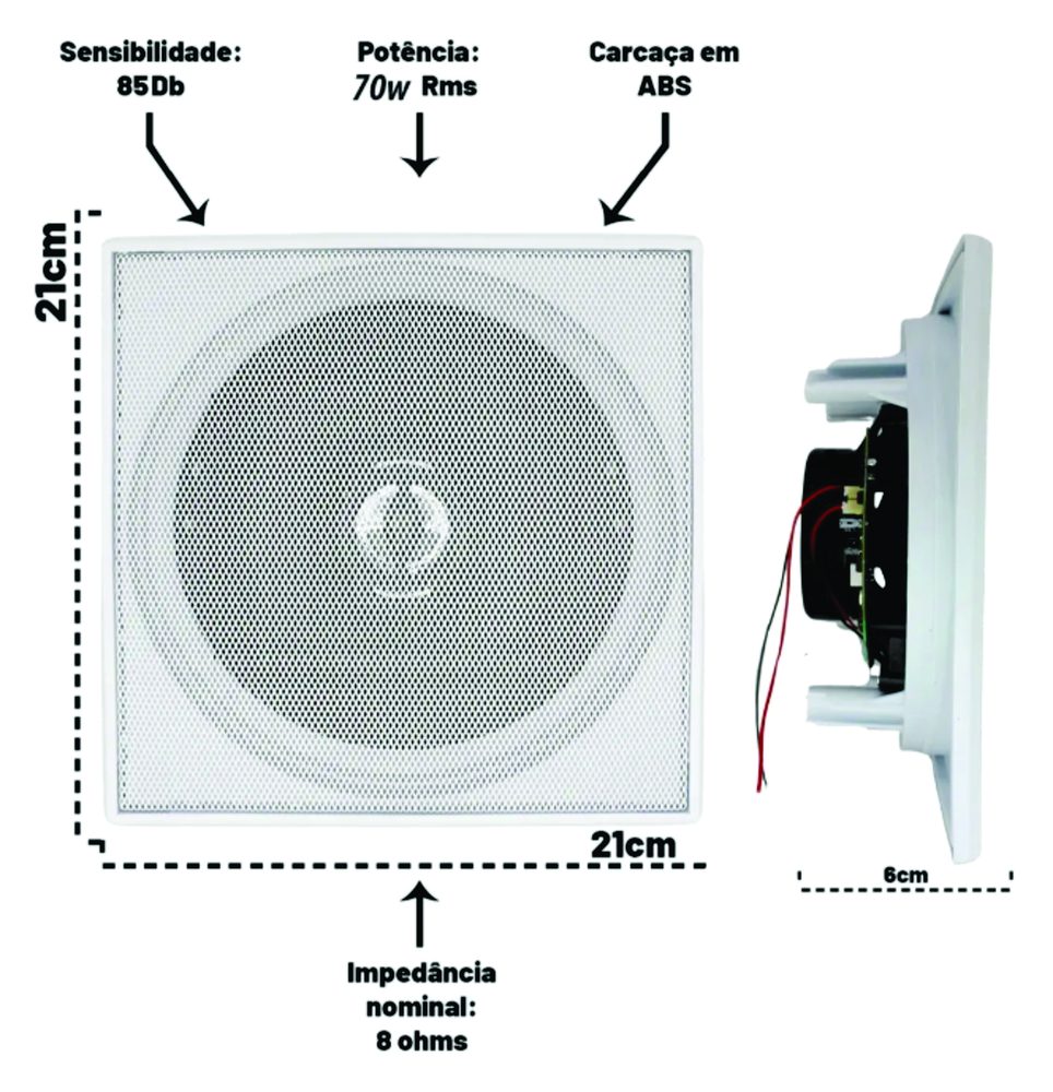 Especificações da arandela ativa quadrada: 70W RMS, 8 ohms, 85 dB, 21 x 21 cm