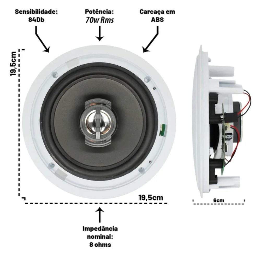 Especificações da arandela ativa redonda: 70W RMS, 8 ohms, 84 dB, 19,5 cm de diâmetro