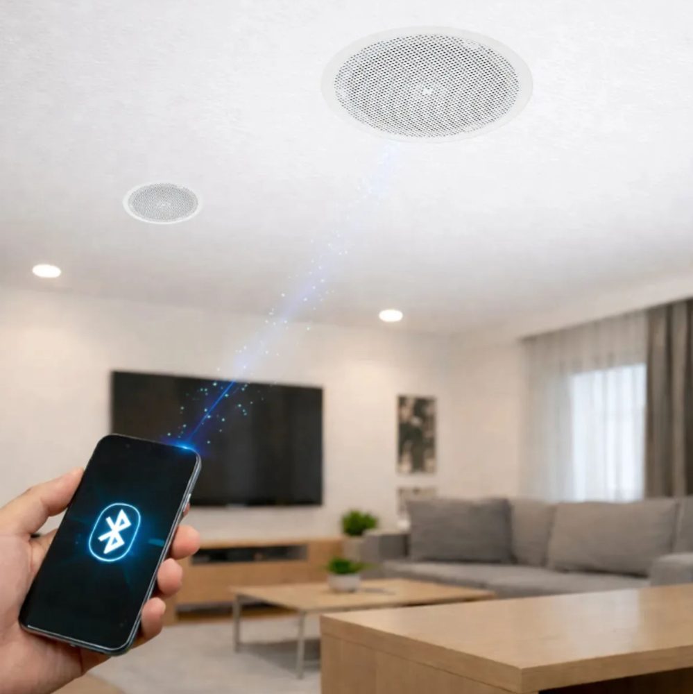 Arandelas ativas redondas instaladas no teto, tocando música do celular por Bluetooth