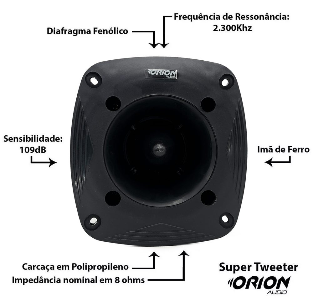 Especificações do super tweeter Orion TSR4200: diafragma fenólico, ressonância de 2,3 kHz, 109 dB, ímã de ferro, carcaça de polipropileno, 8 ohms